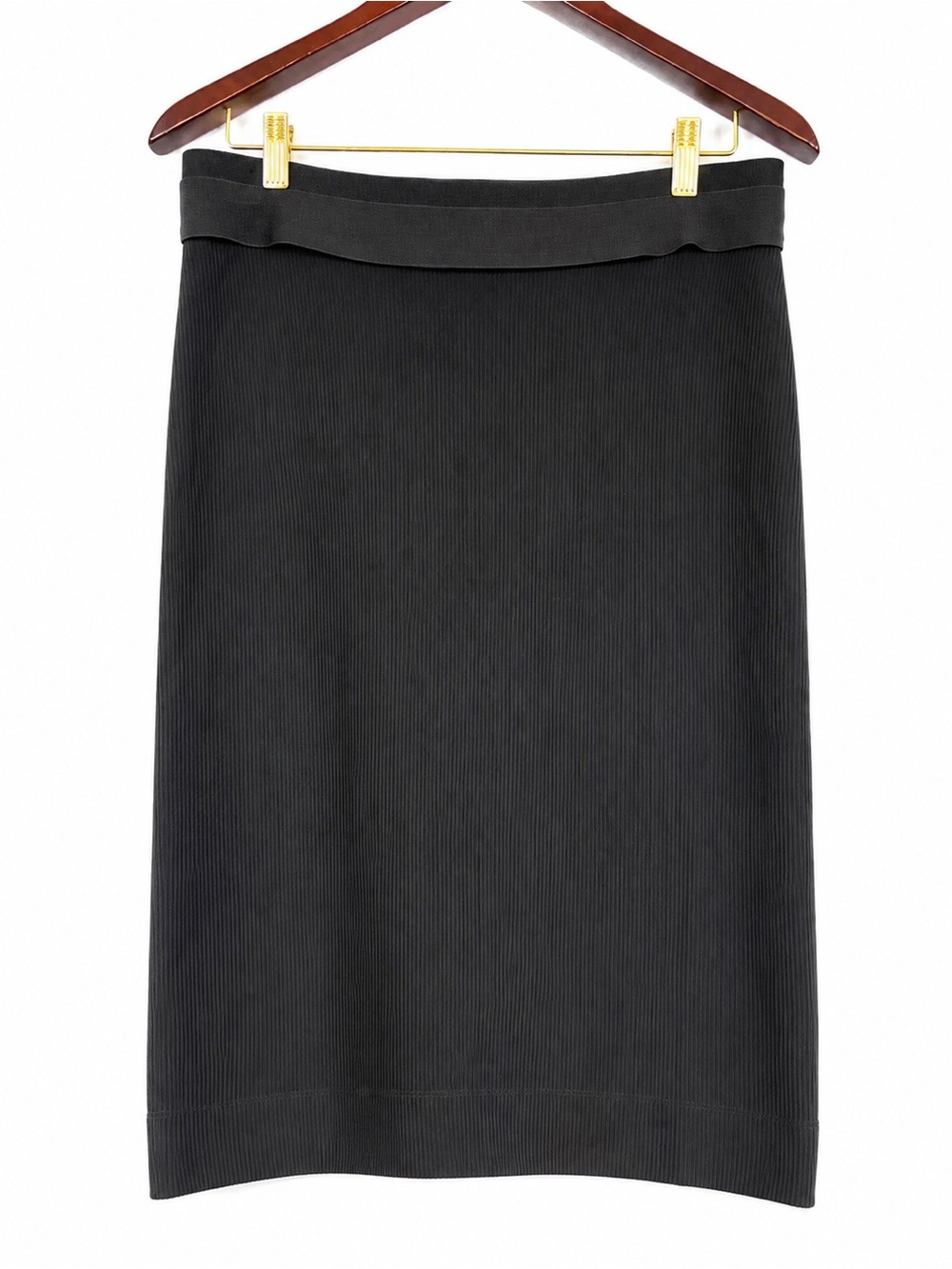 BCBGMAXAZRIA Black Ribbed Knit Pencil Skirt L Stretch Pull-On Career classic lux
